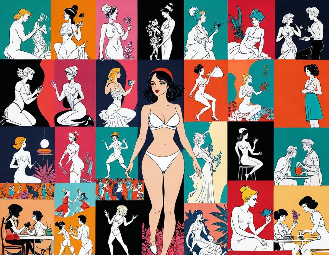 A captivating collage illustrating the evolution of adult content in animation, showcasing a timeline from vintage, hand-drawn erotic art to modern, colorful animated scenes with playful and provocative characters. Include elements like whimsical backgrounds, striking contrasts between taboo themes and playful innocence, and nods to various animation styles. Infuse a sense of humor and fantasy while maintaining an artistic flair. vibrant colors. surreal art. cartoonish style.