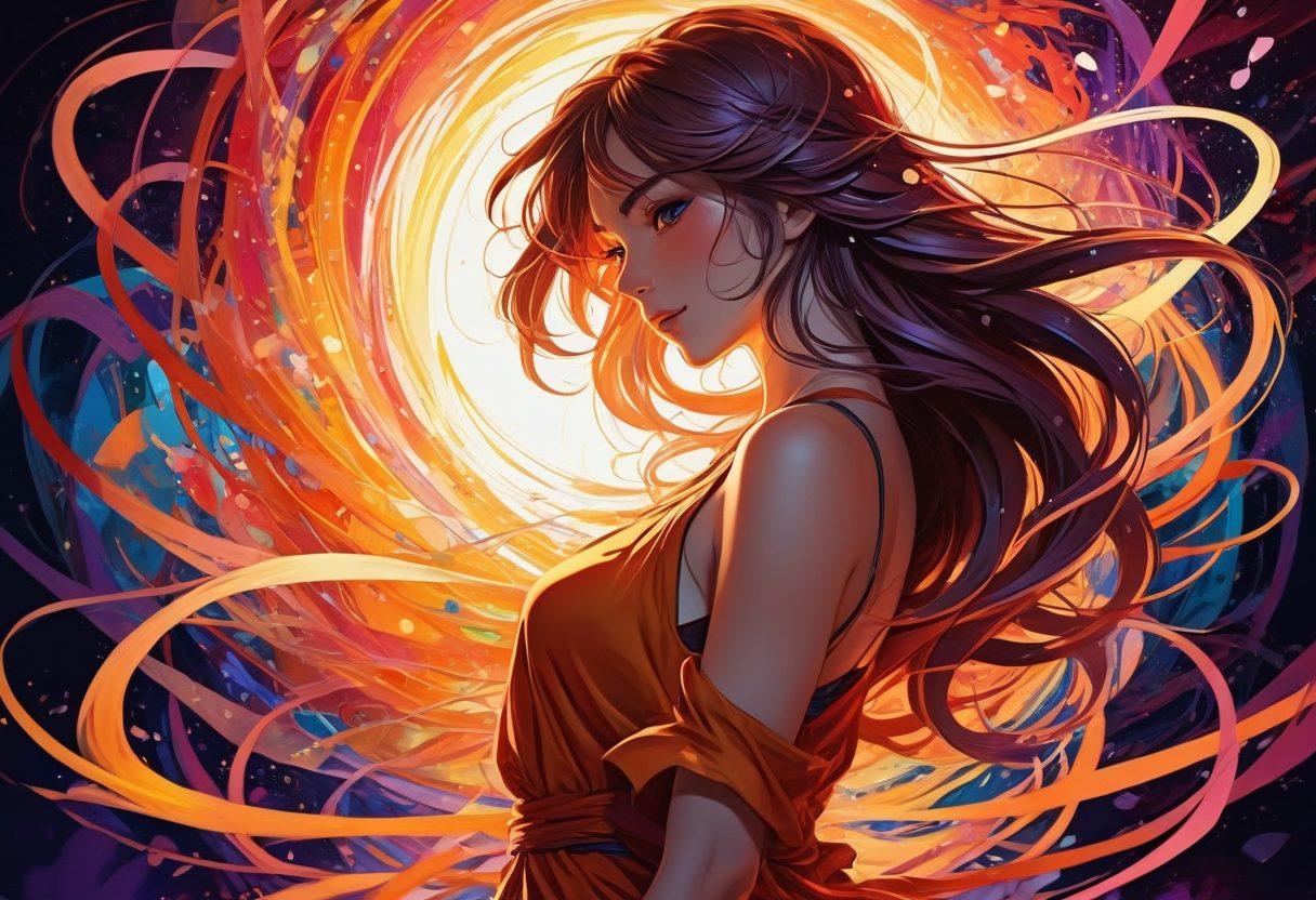 A mesmerizing blend of sensuality and artistry, featuring a vibrant anime character intertwined with seductive graphic elements, surrounded by bursts of colorful abstract shapes. The character exudes confidence and allure, illuminated by soft, ambient lighting that adds depth. Incorporate intricate details such as flowing hair and playful expressions to evoke desire and creativity. super-realistic. vibrant colors. dynamic composition.